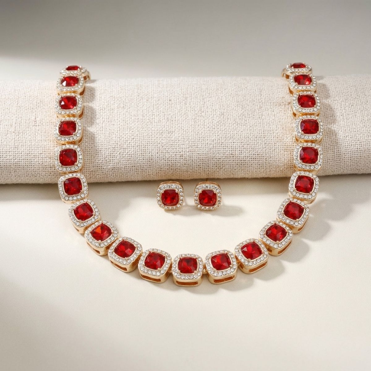 Tennis Red Cushion Cut Crystal Halo Luxe Necklace