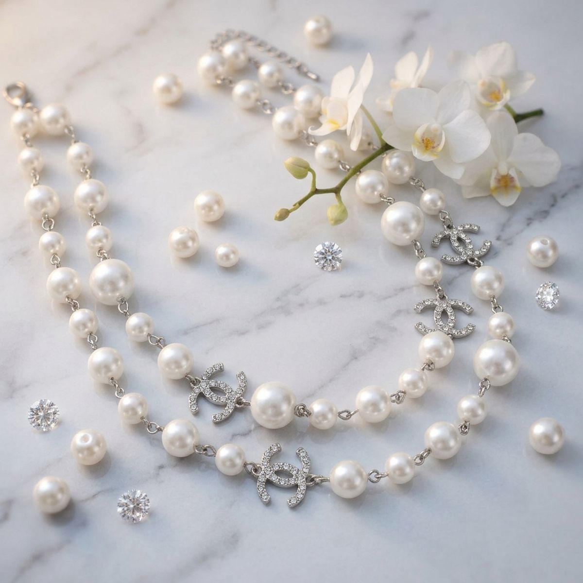 Parisian White Glass Pearl Charm Layer Necklace