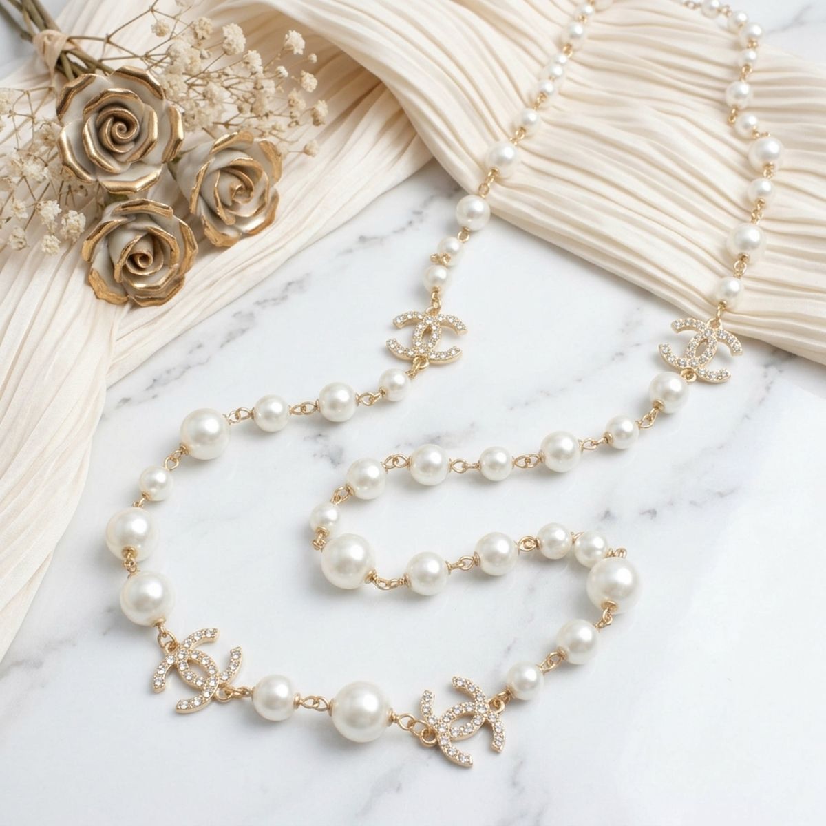 Parisian Cream Glass Pearl Charm Long Necklace