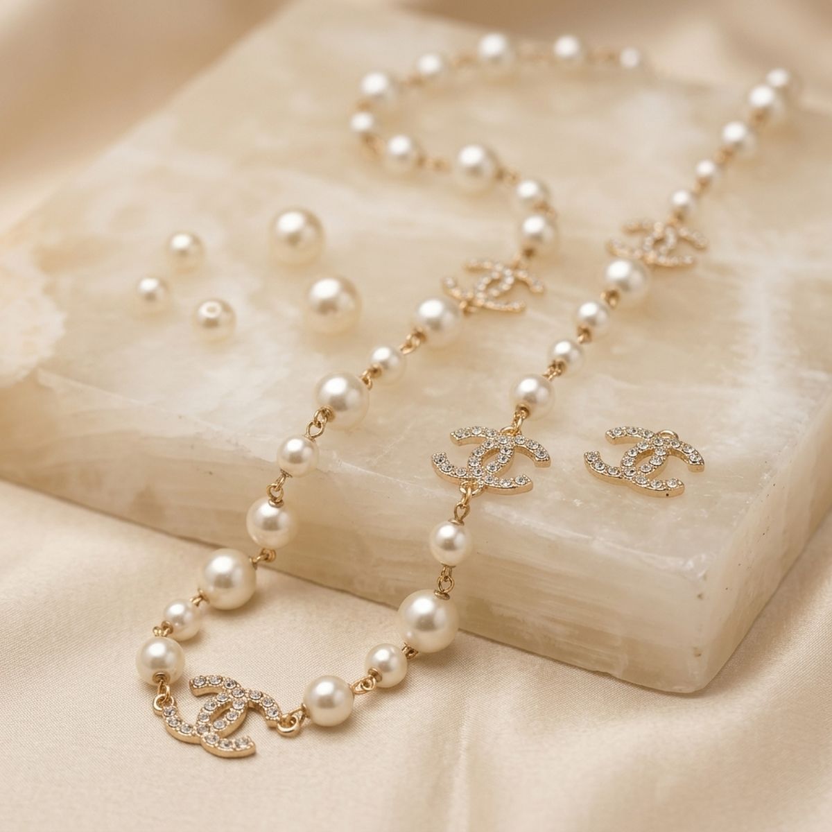 Parisian Cream Glass Pearl Charm Long Necklace