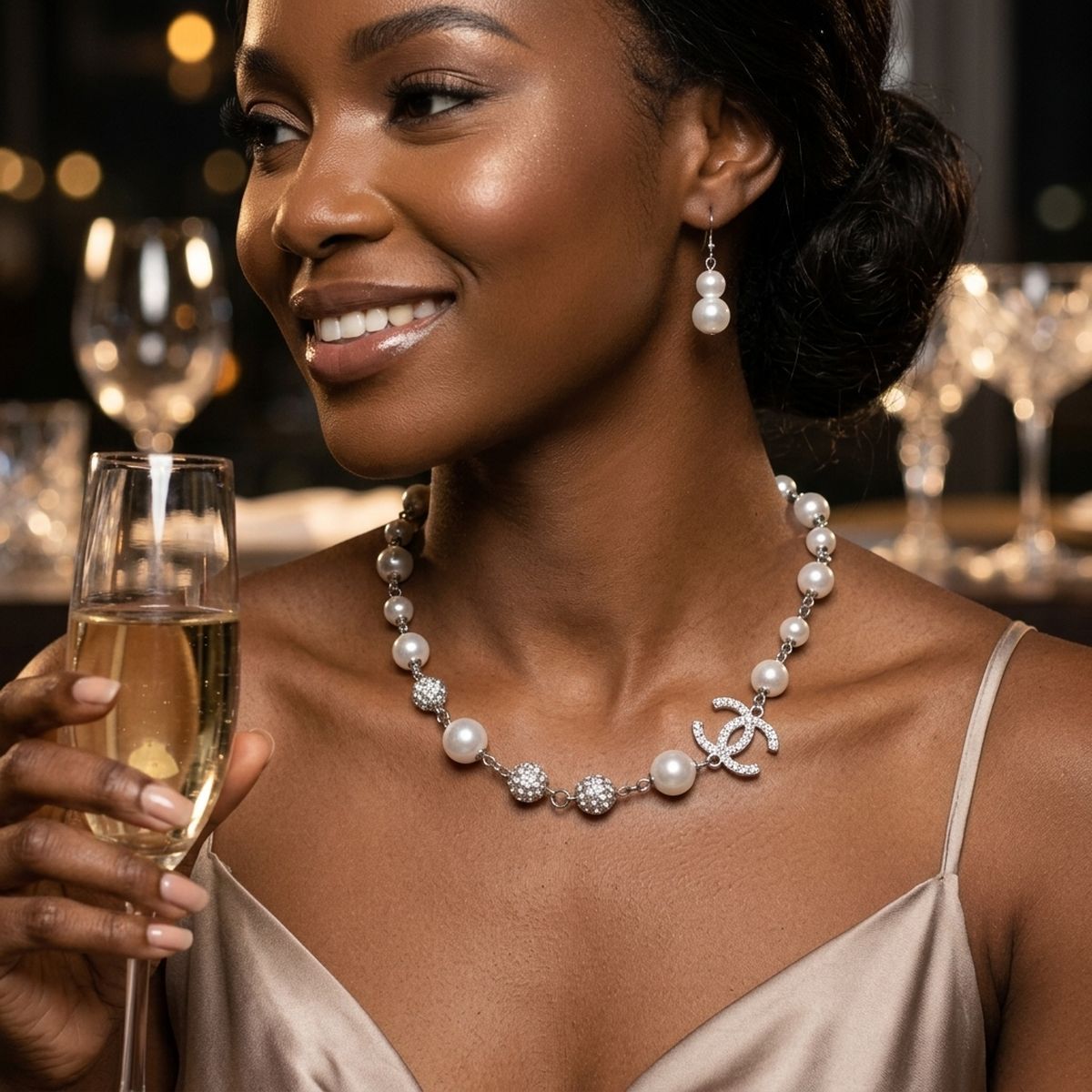 Parisian White Pearl Rhinestone Charm Necklace