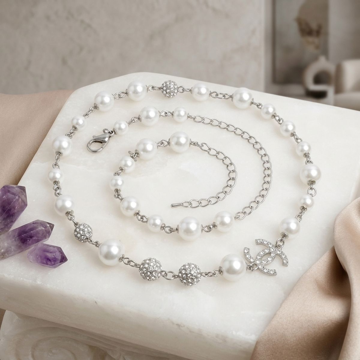 Parisian White Pearl Rhinestone Charm Necklace
