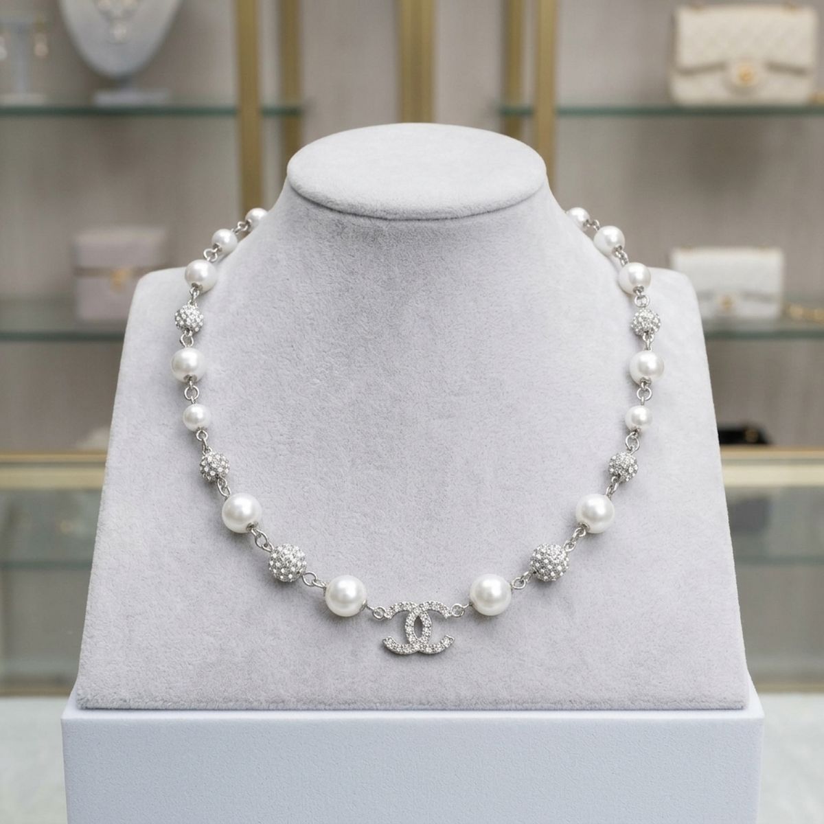 Parisian White Pearl Rhinestone Charm Necklace