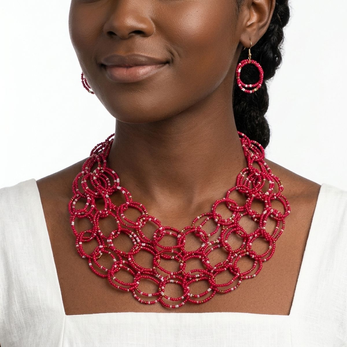 Bib Fuchsia Seed Bead Links Triple Layer Necklace