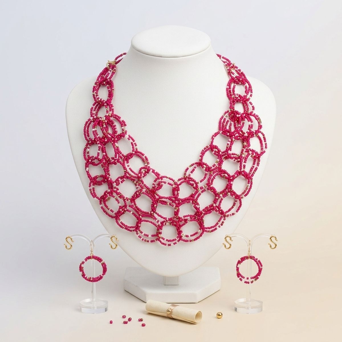 Bib Fuchsia Seed Bead Links Triple Layer Necklace