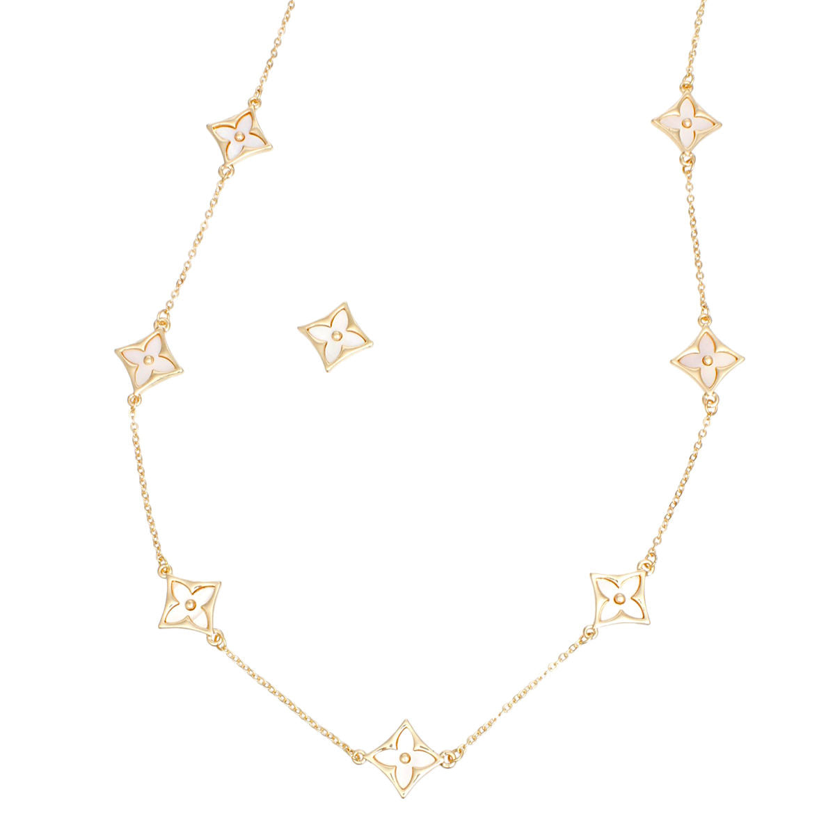 Long Necklace Gold Cream Monogram Flower Chain