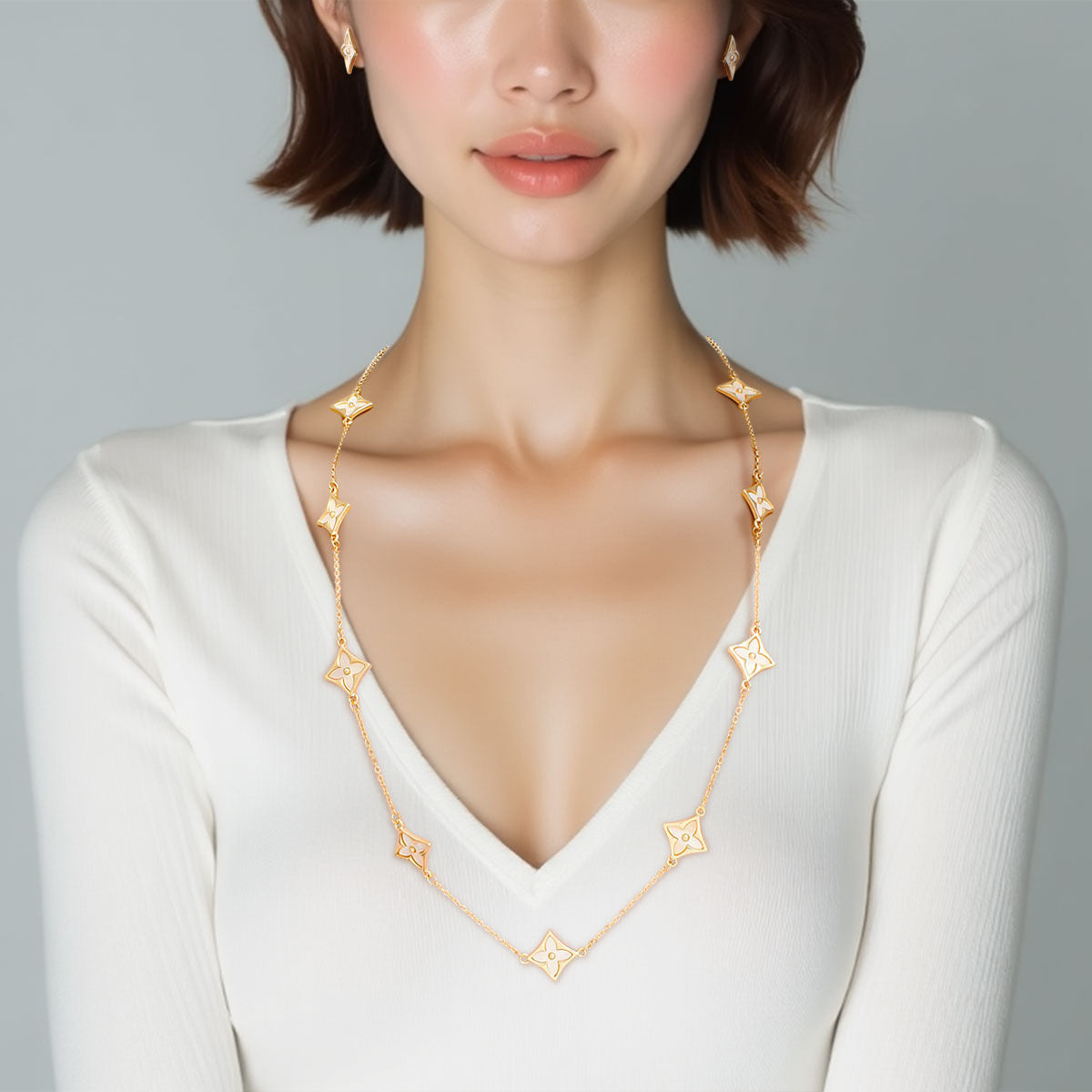 Long Necklace Gold Cream Monogram Flower Chain
