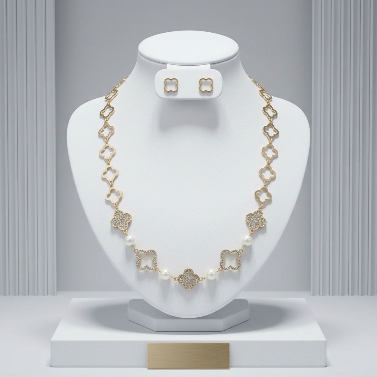 Gold Pave Quatrefoil Clover Cotton Pearl Necklace