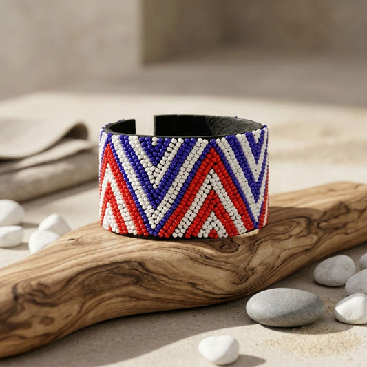 Cuff Tribal Red White & Blue Zigzag Bead Bracelet