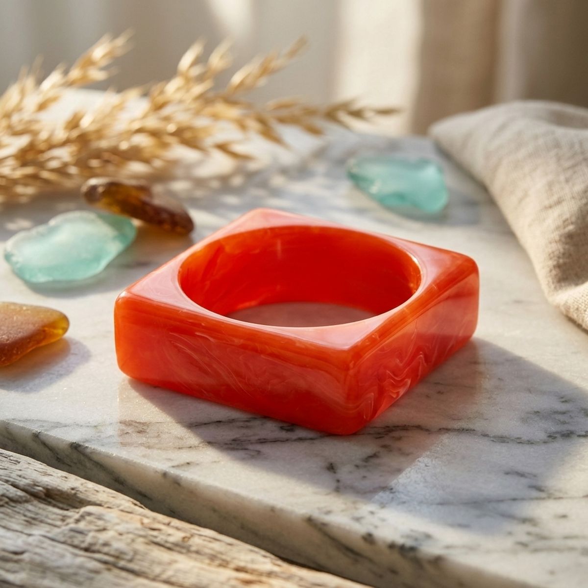 Bangle Coral Red Marbled Square Retro Bracelet