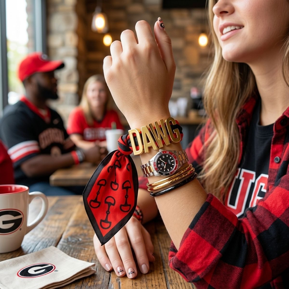 DAWG Gold Letter Charm Red Black Scarf Bracelet