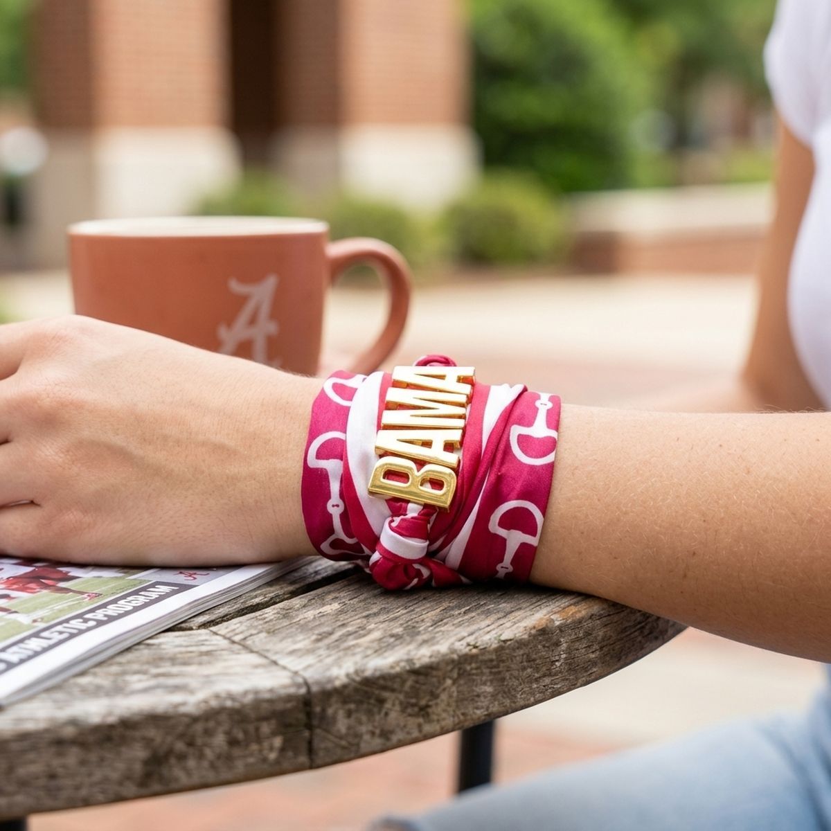 BAMA Gold Letter Charm Burgundy Scarf Bracelet