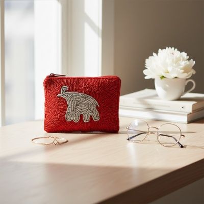 Red and Silver Beaded Elephant Zipper Pouch Bag