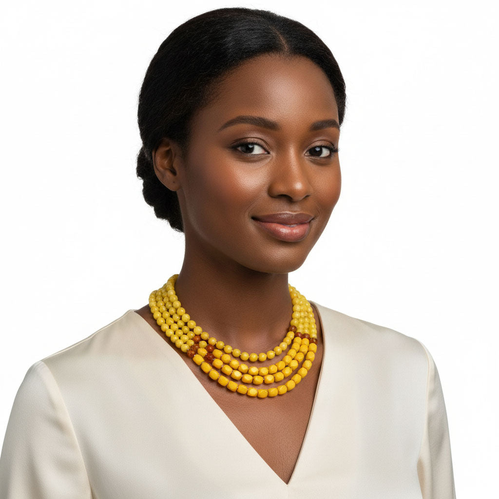 Glass Bead Yellow 4 Strand Tribal Layered Necklace