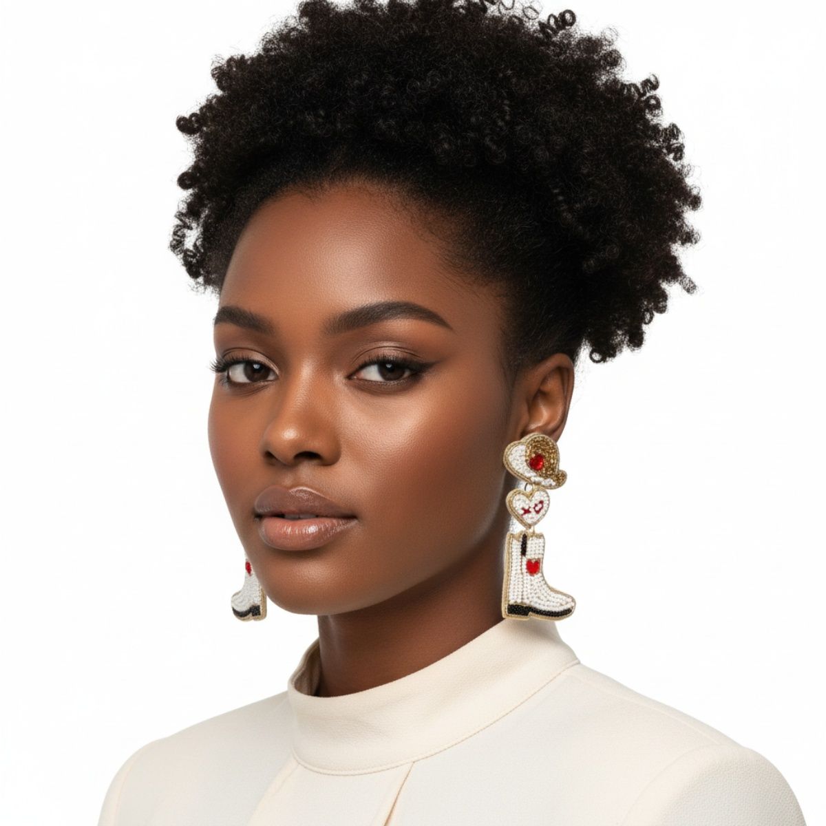 Dangle White Red Bead Cowboy Hat Boots Earrings