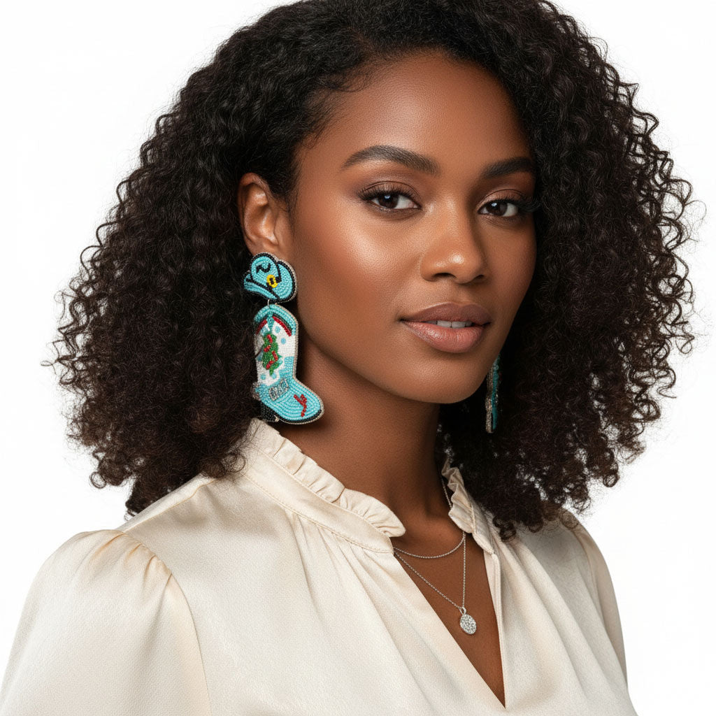 Drop Xmas Embroidered Bead Cowgirl Boots Earrings