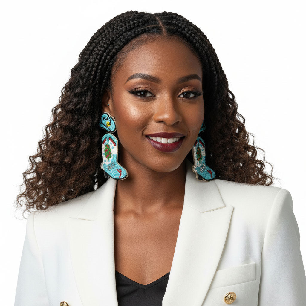 Drop Xmas Embroidered Bead Cowgirl Boots Earrings