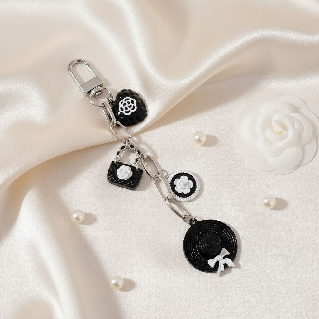 Keychain Black and White Camellia Charms Bag Clip