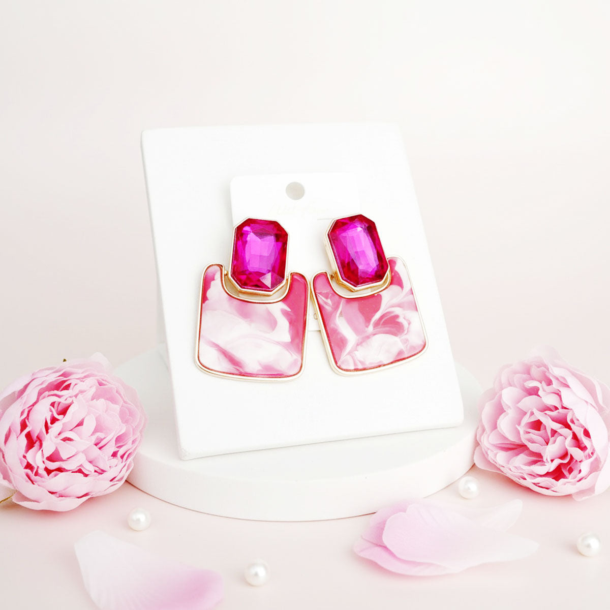 Drop Retro Glam Fuchsia Crystal Marble Earrings