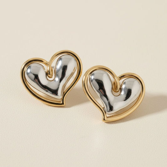 Stud Two Tone Silver Gold Chubby Heart Earrings