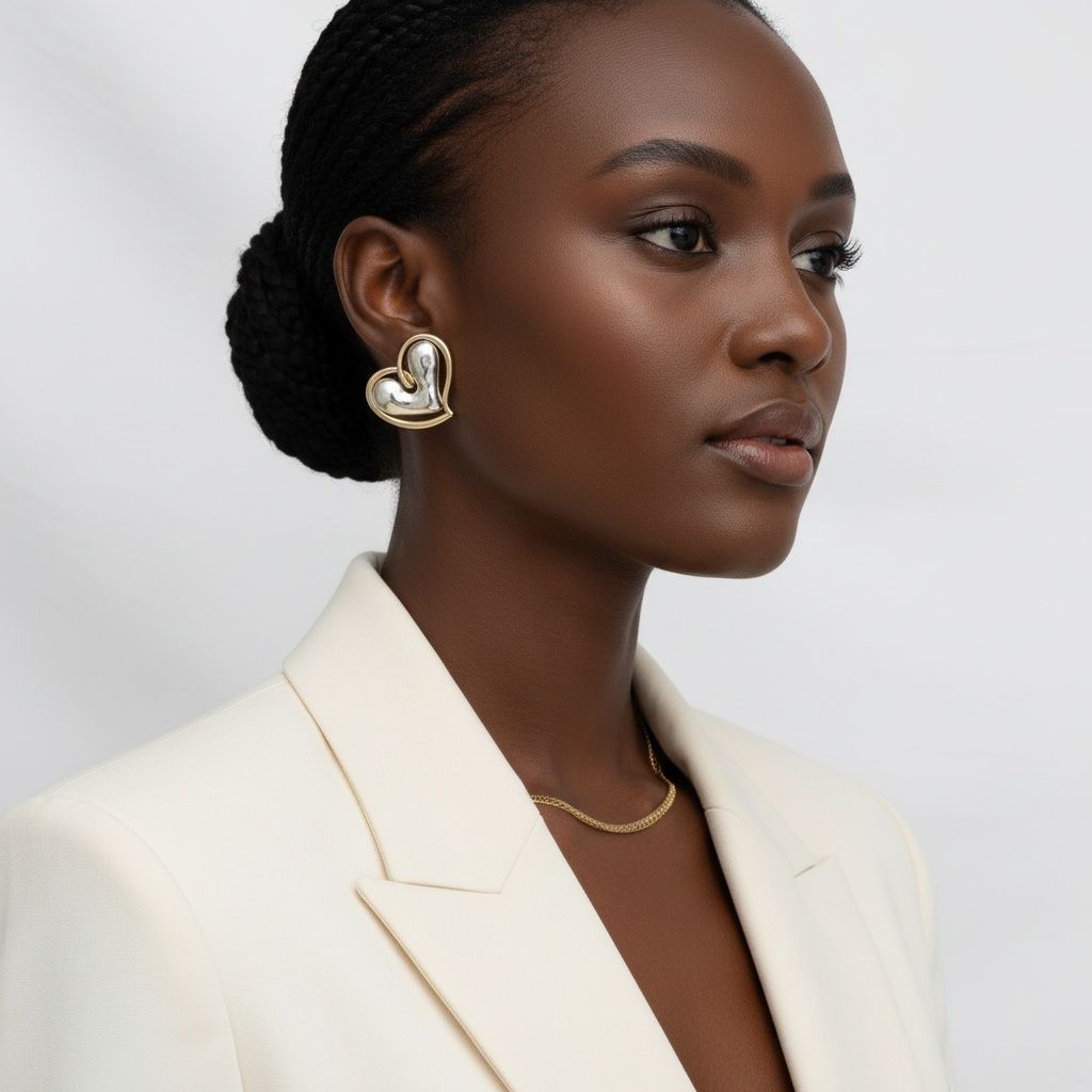 Stud Two Tone Silver Gold Chubby Heart Earrings