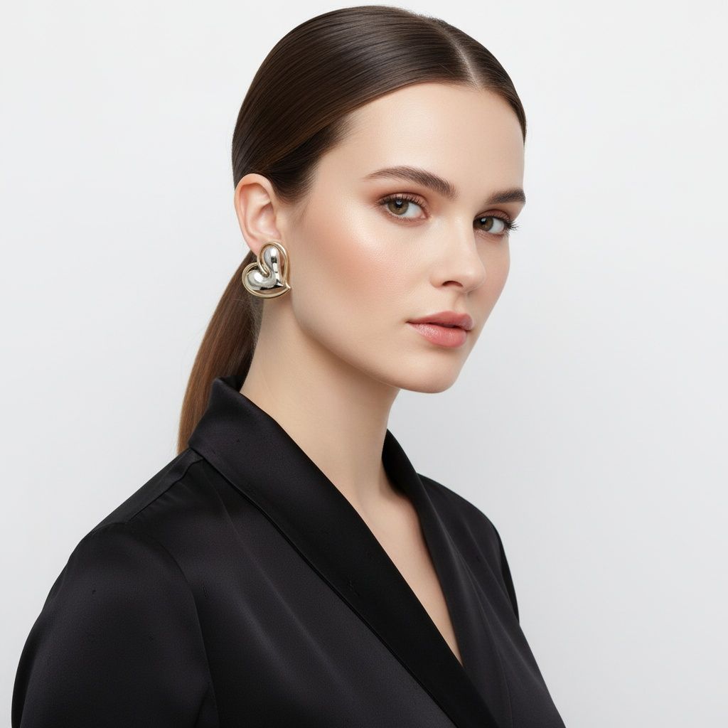 Stud Two Tone Silver Gold Chubby Heart Earrings