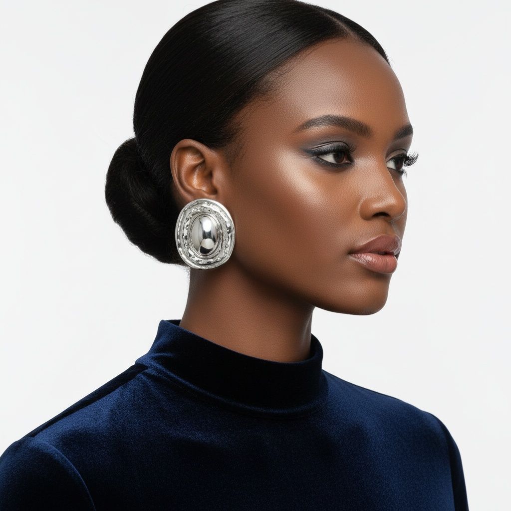 Stud Silver Organic Oval Domed Metal Earrings