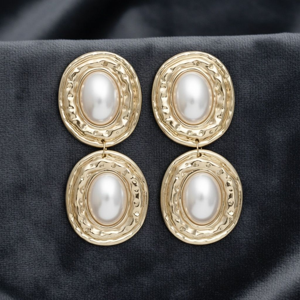 Drop Gold Organic Oval Cream Pearl Domed Earrings