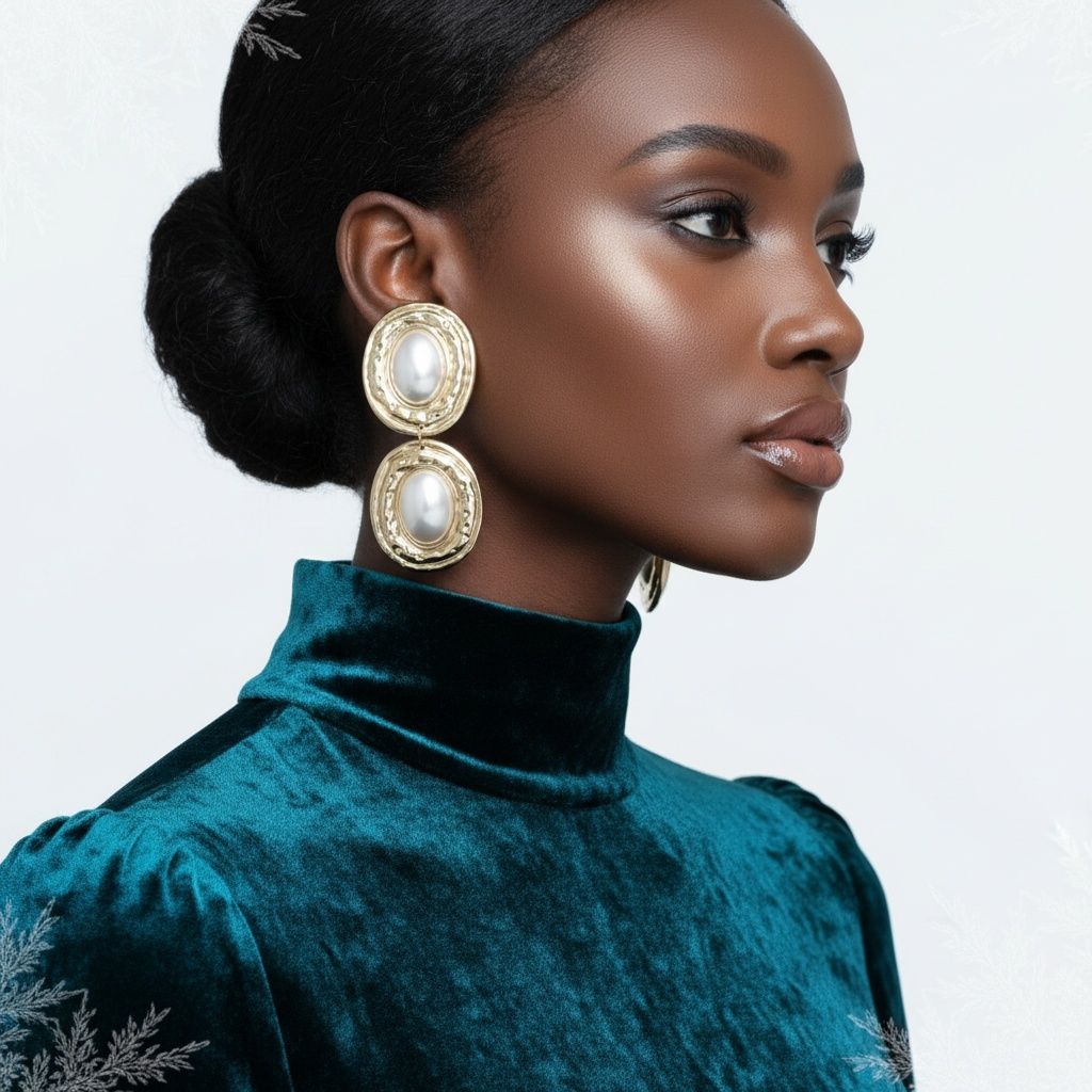 Drop Gold Organic Oval Cream Pearl Domed Earrings