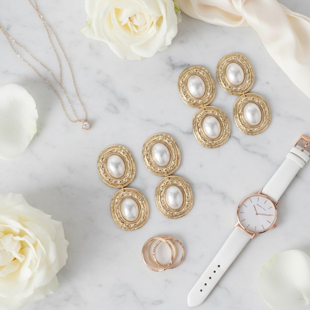 Drop Gold Organic Oval Cream Pearl Domed Earrings