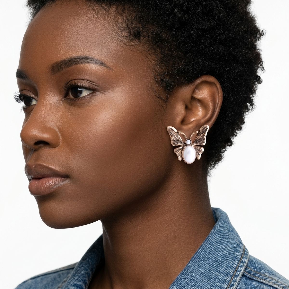 Opulent Gold Butterfly Cream Pearl Stud Earrings