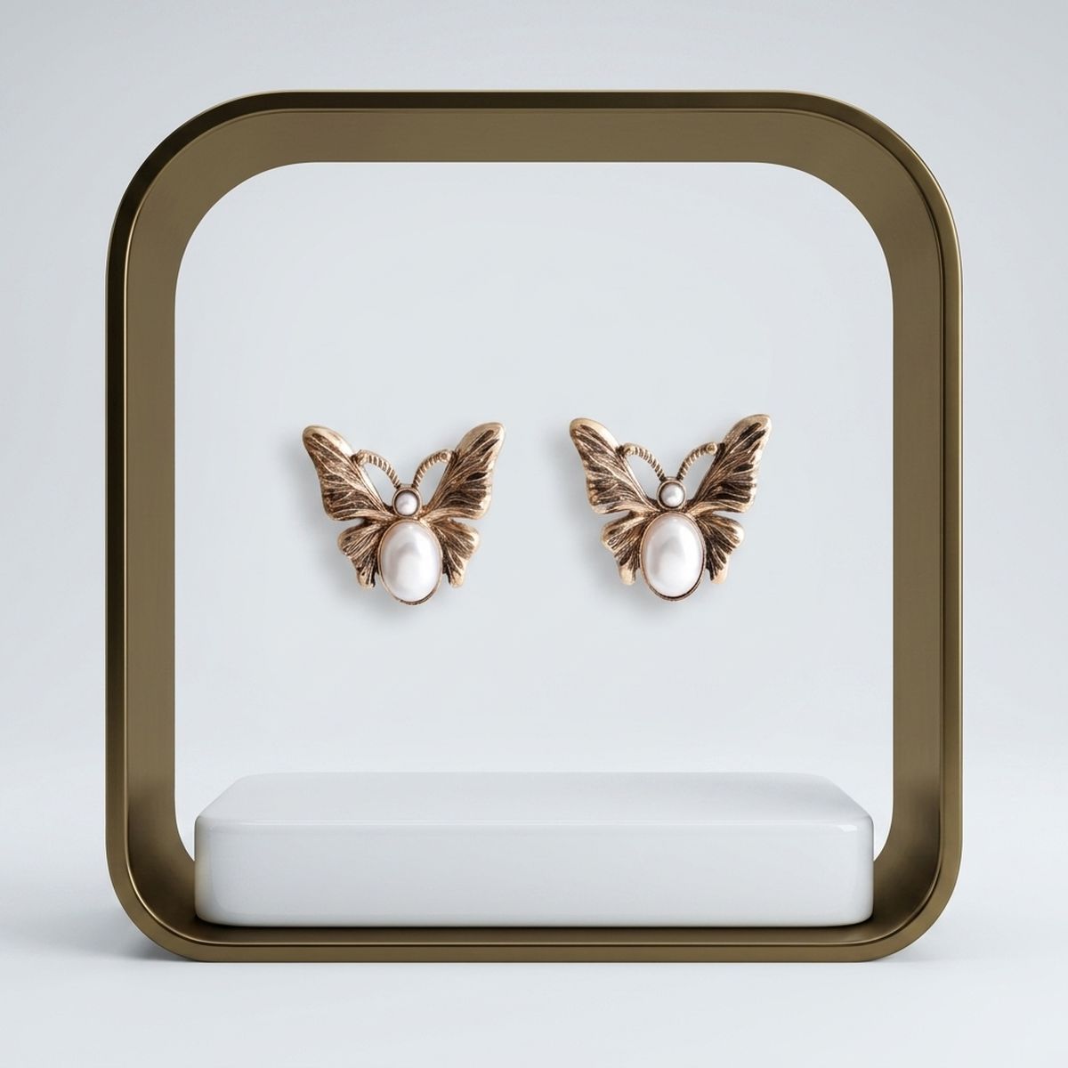 Opulent Gold Butterfly Cream Pearl Stud Earrings