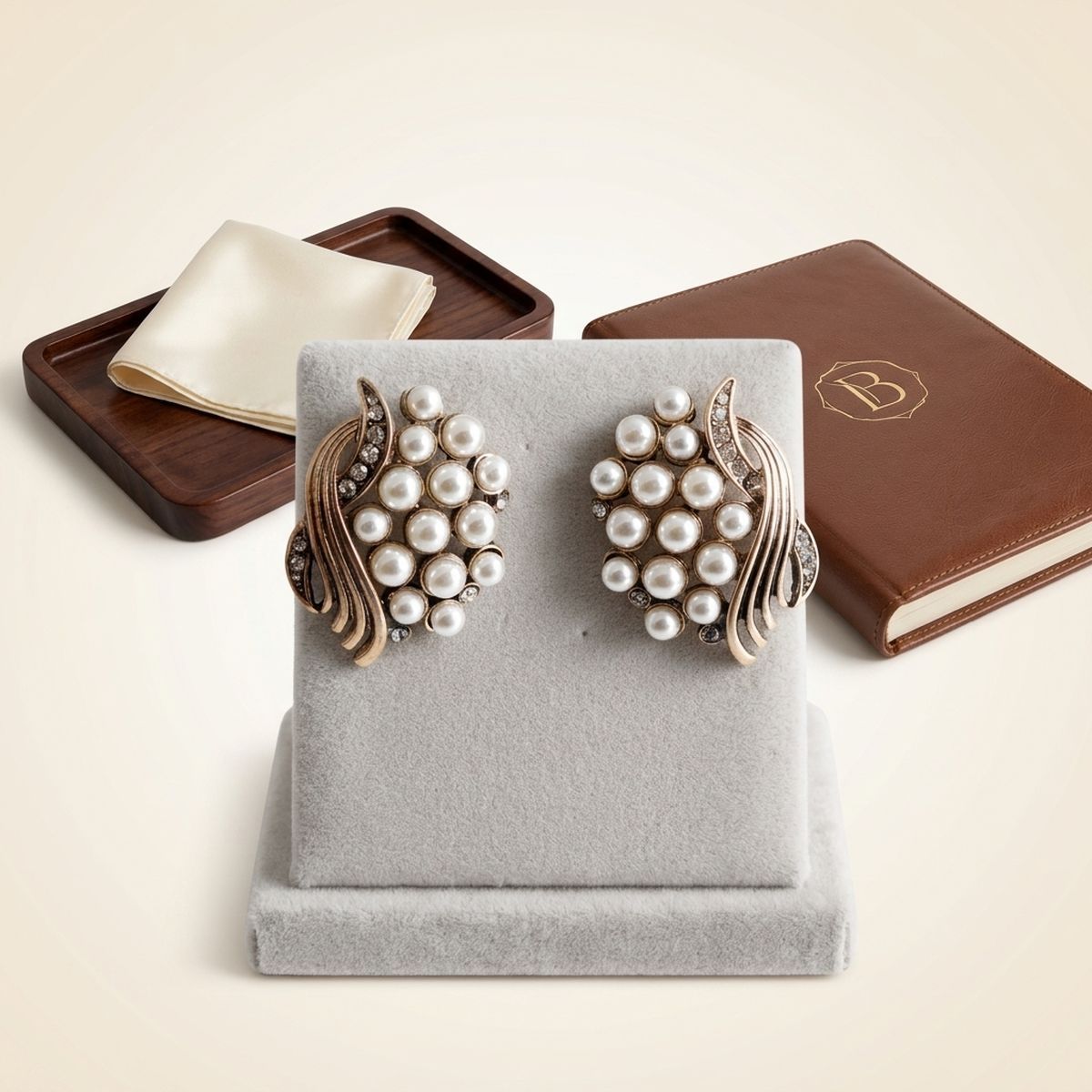 Opulent Gold Cream Pearl Cluster Stud Earrings