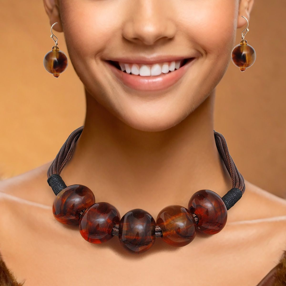 Beaded Chunky Brown Artisan Bead Cord Necklace