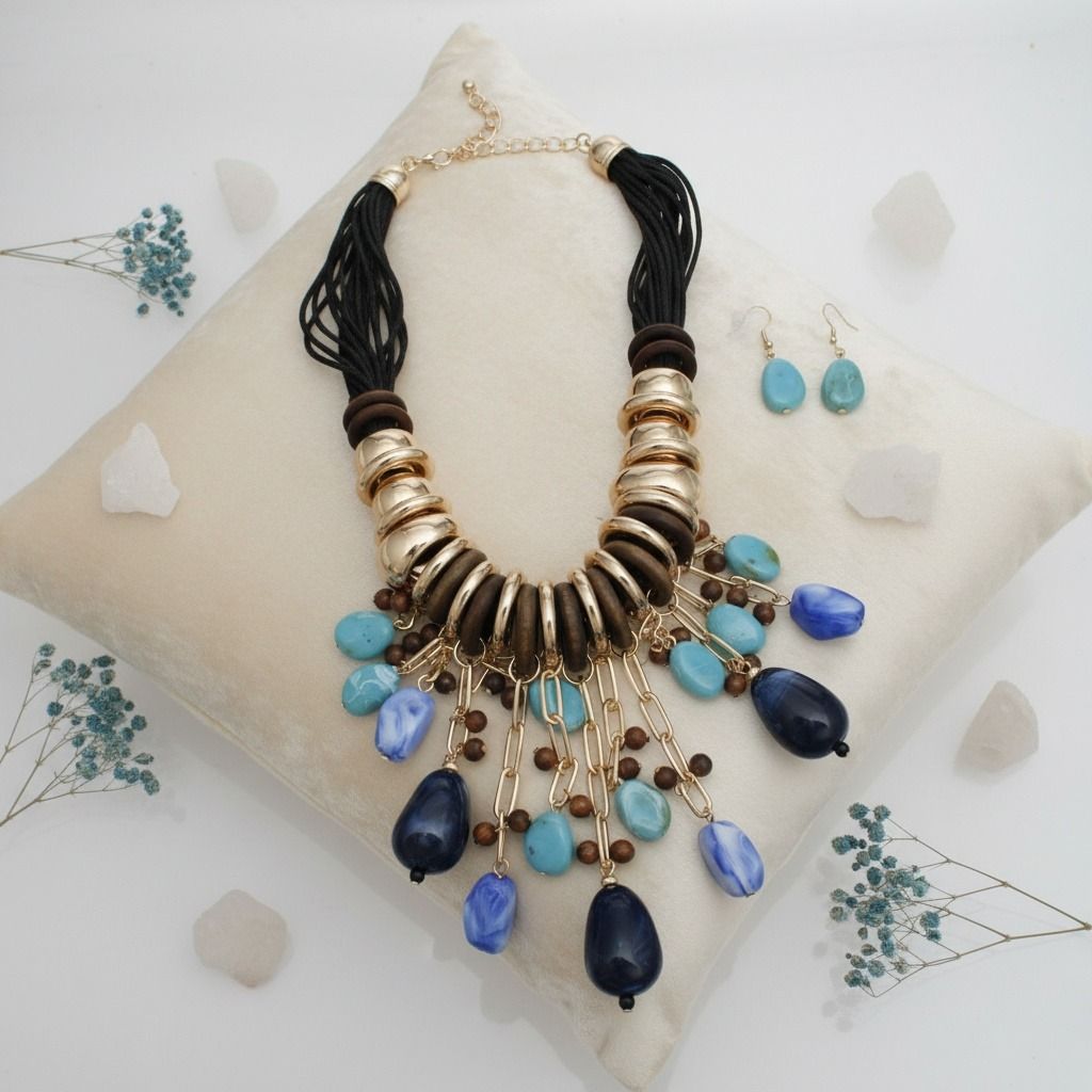 Beaded Blue Stone Global Artisan Leather Necklace