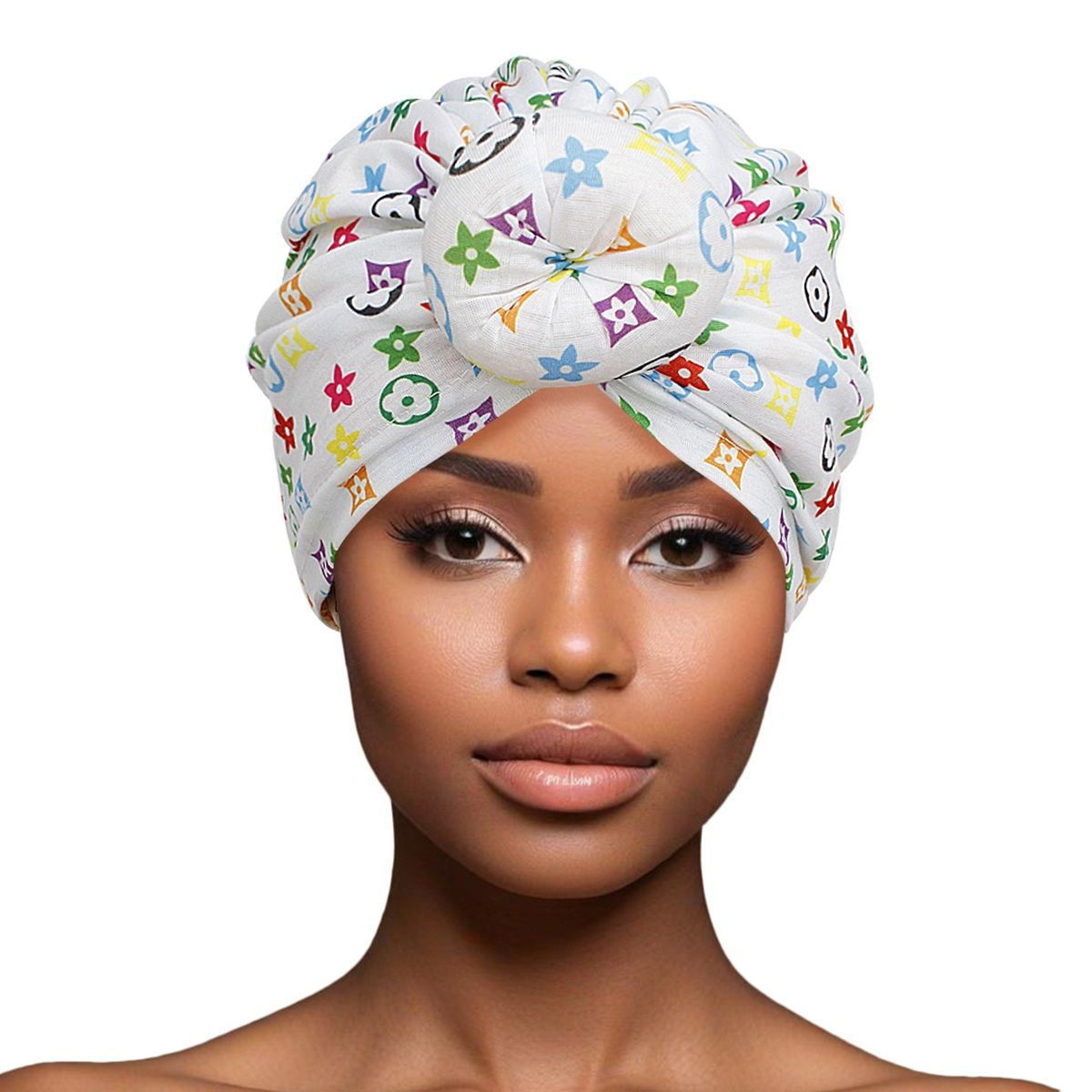 Turban Pre-Tied Donut White Monogram Print Women