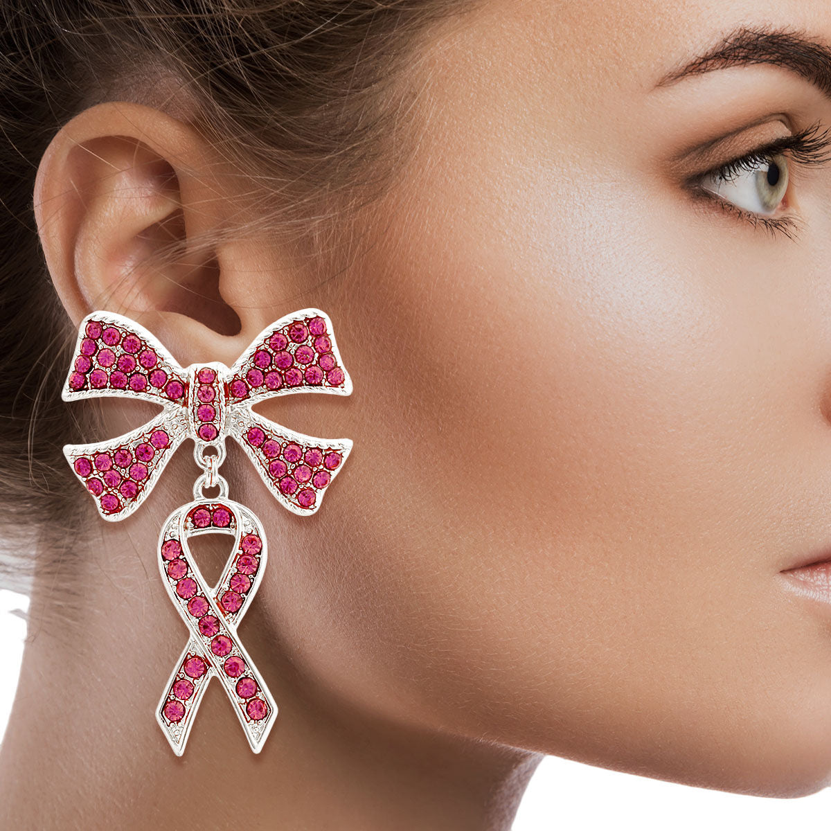 Double Pink Ribbon Silver Earrings