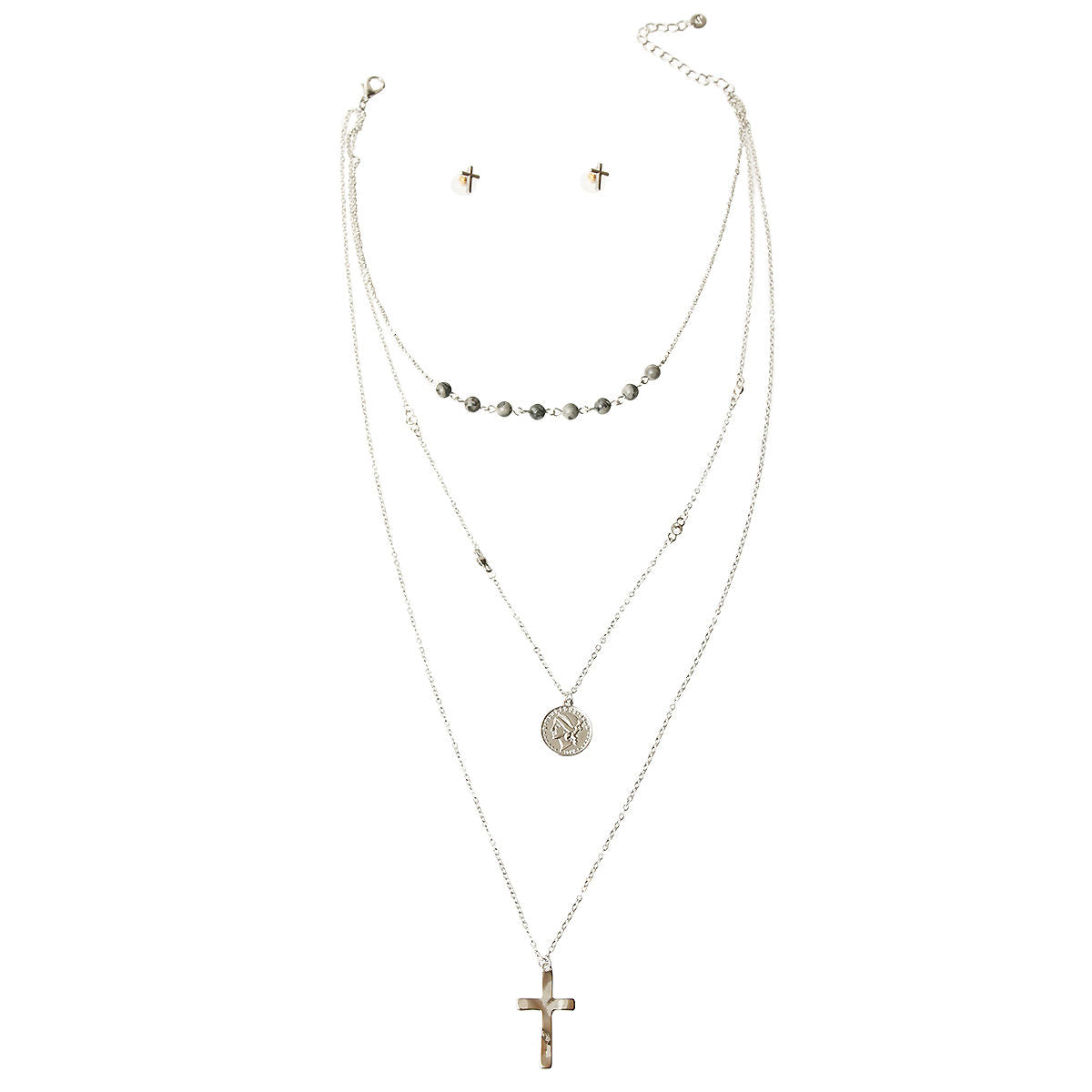 Gray Cross and Coin Necklace Set