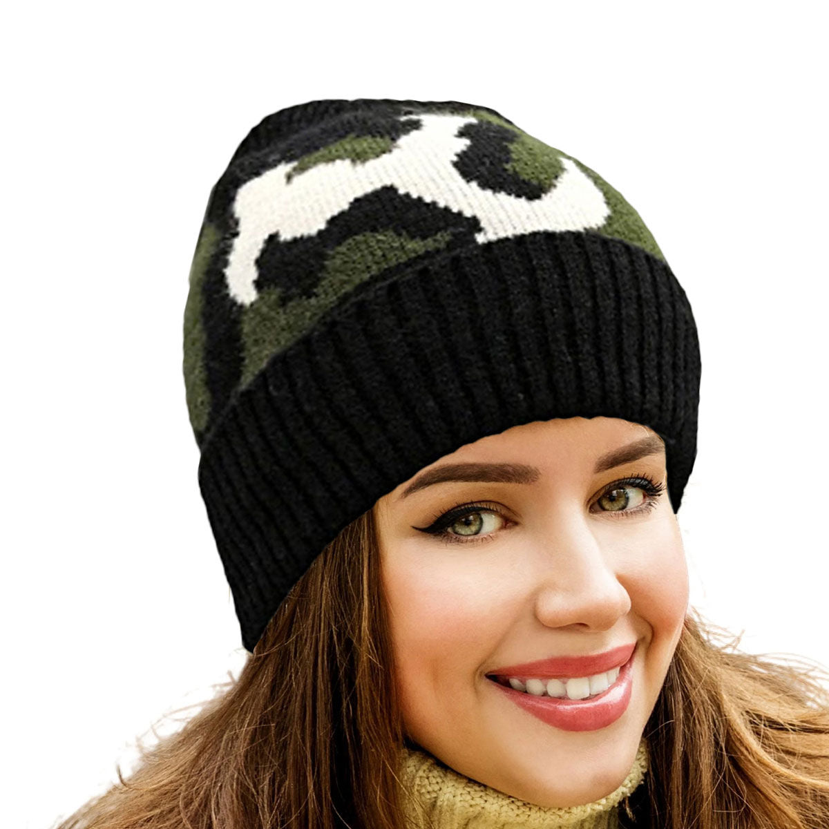 Beanie Hat Camouflage Print Cuff Hat for Women