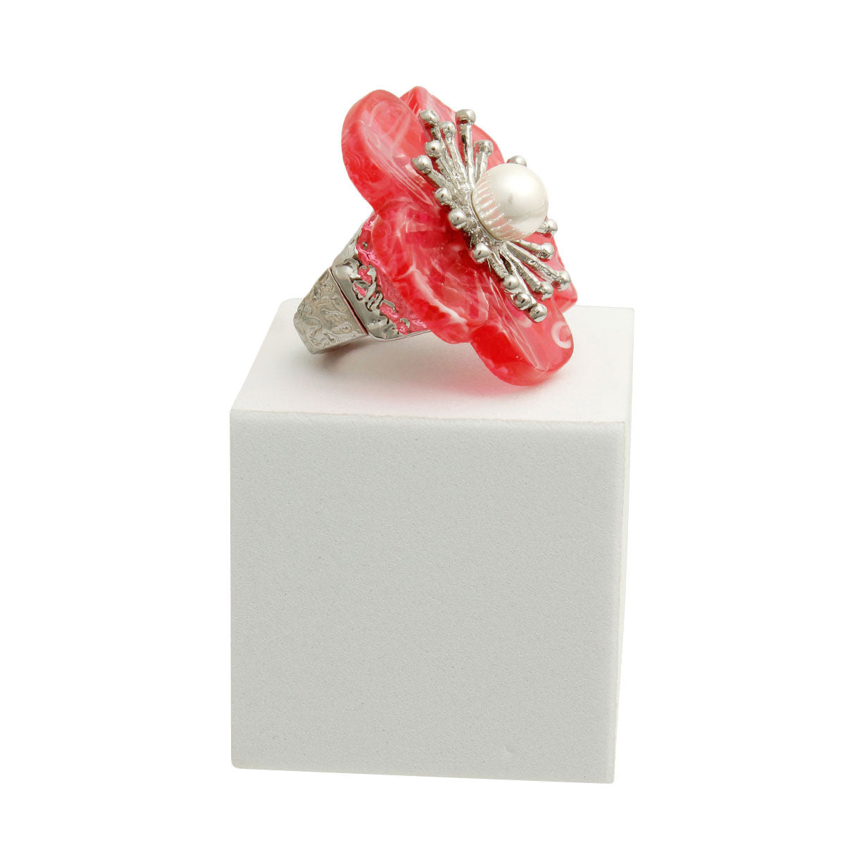 Marbled Red Flower Silver Ring