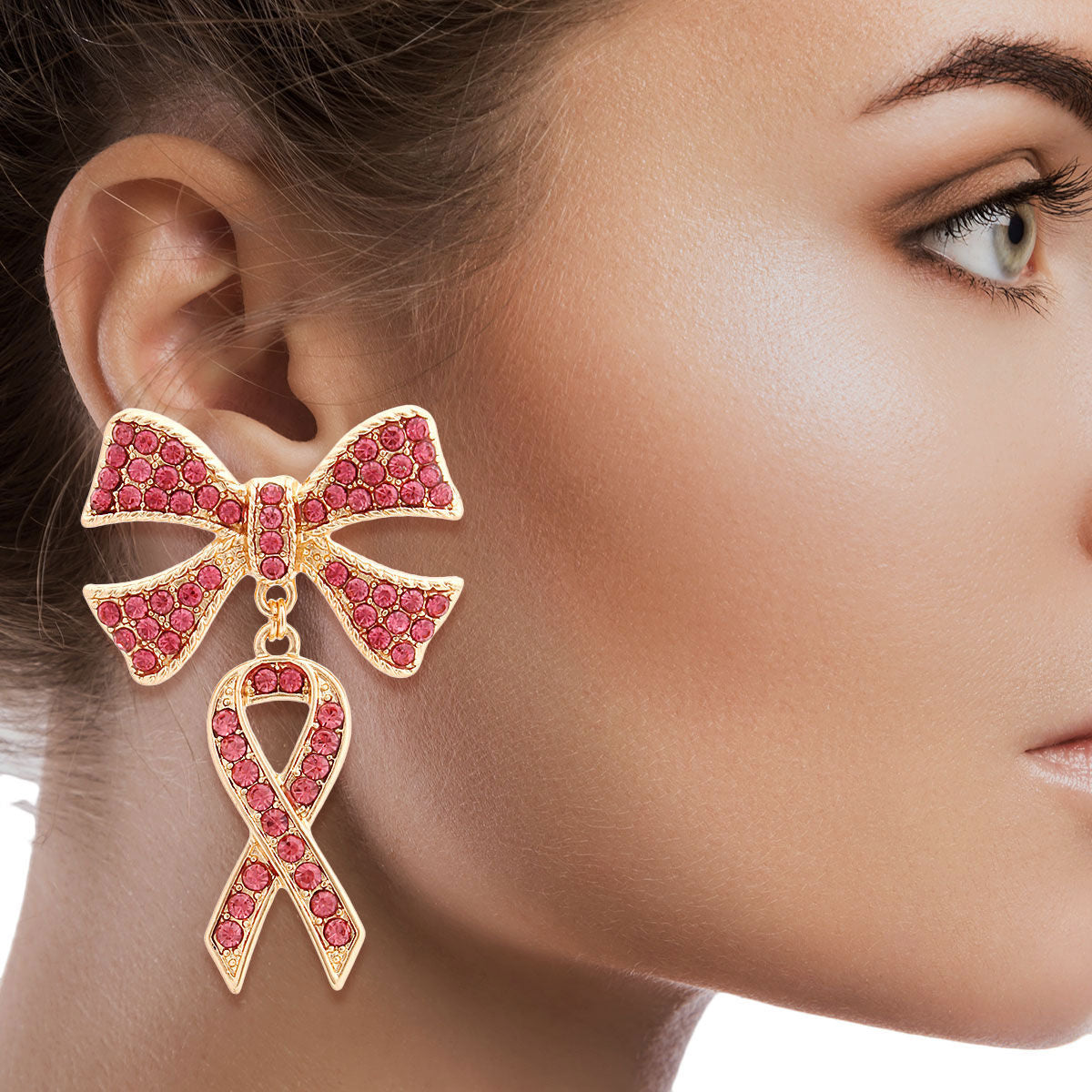 Double Pink Ribbon Gold Earrings