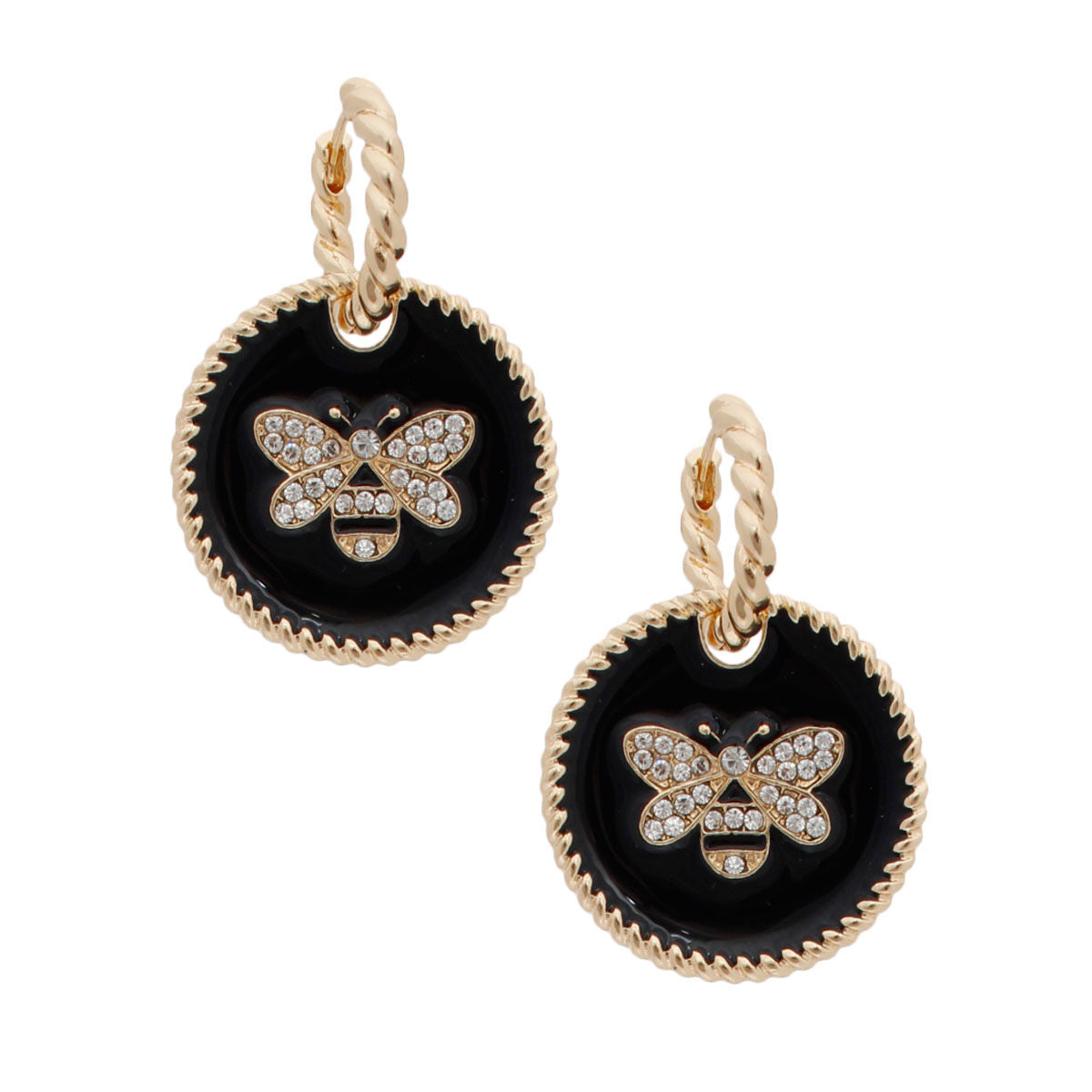 Black Bee Charm Twisted Gold Hoops