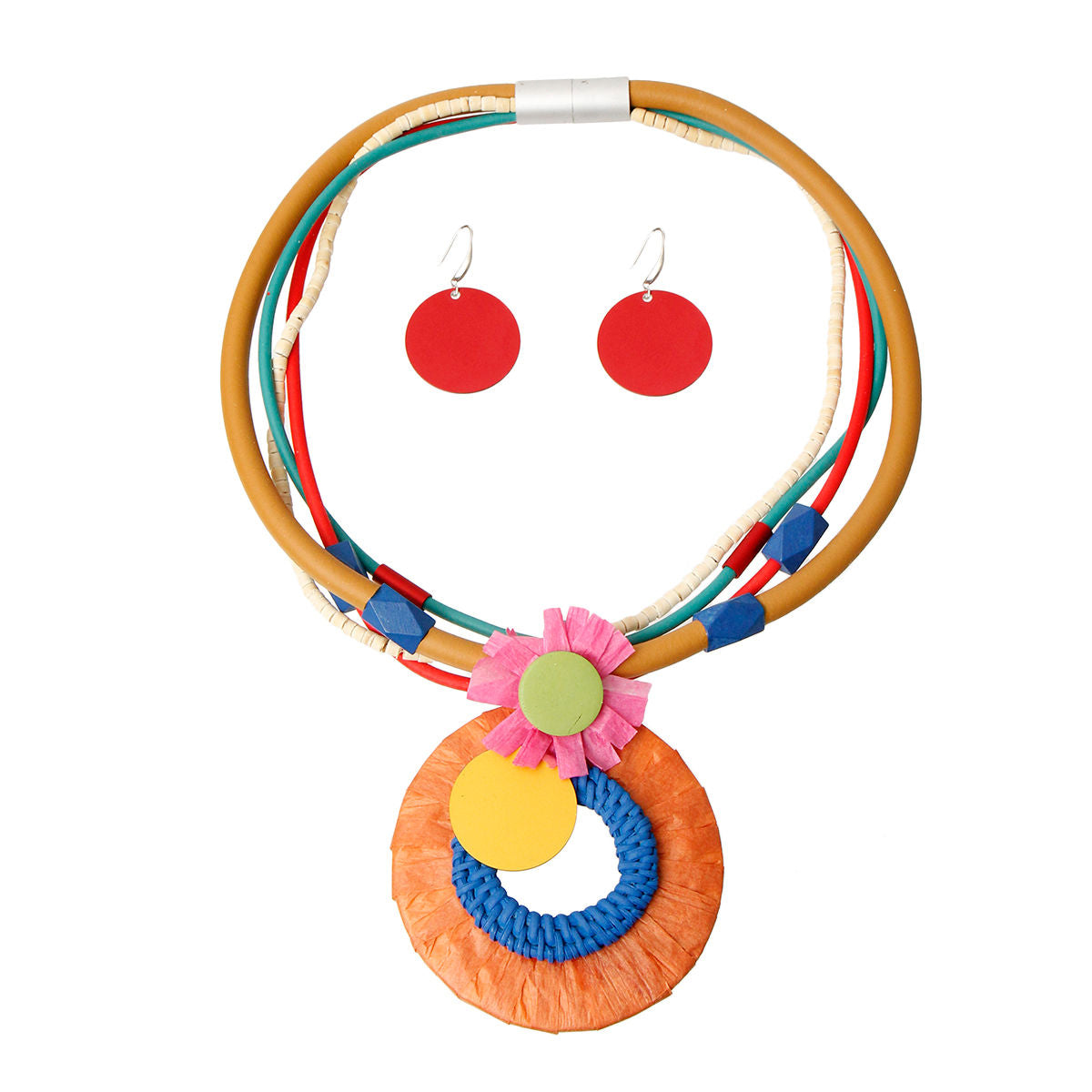 Multicolored Raffia Pendant Necklace Set