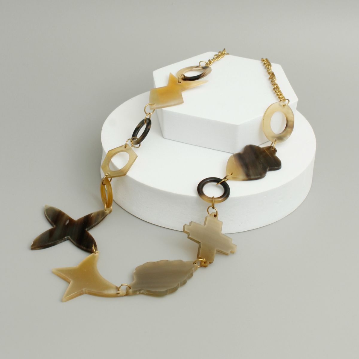 Multi Shape Buffalo Horn and Gold Chain Necklace