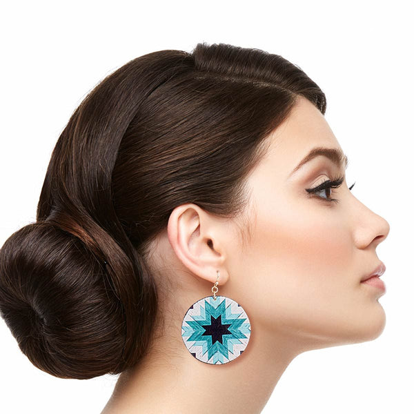 Turquoise Sunburst Leather Round Earrings