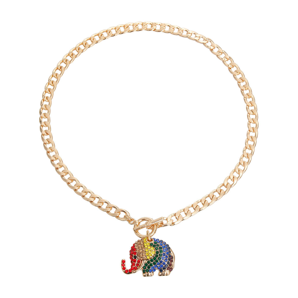 Rainbow Rhinestone Elephant Toggle Necklace
