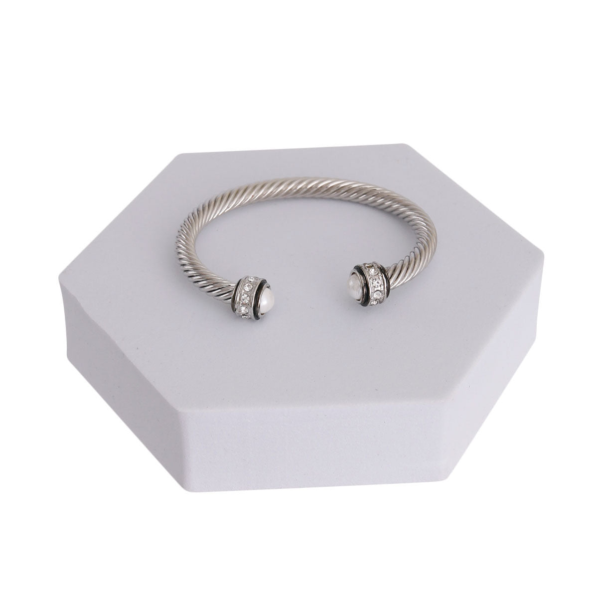 White Pearl Twisted Cable Silver Bangle