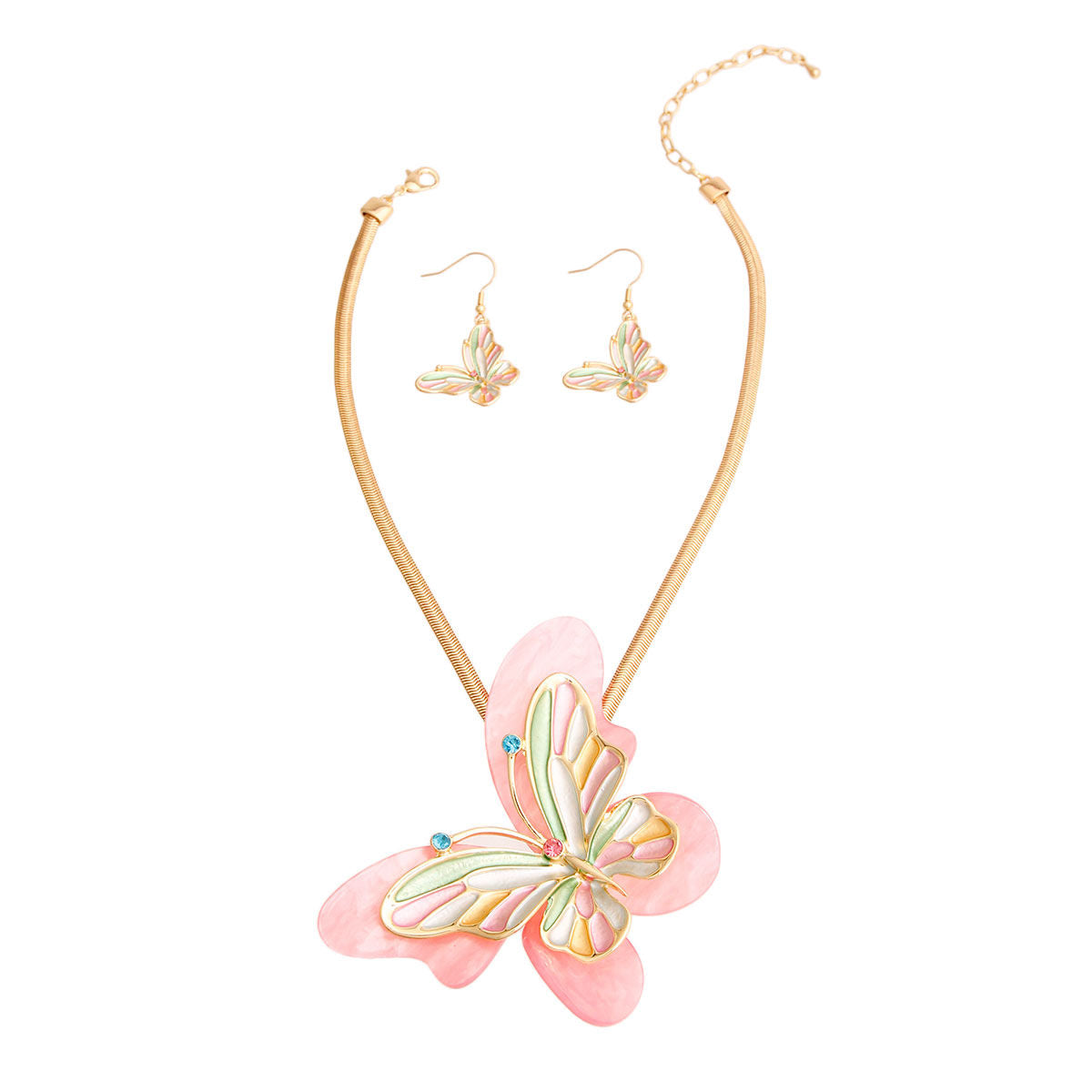 Necklace Pink Butterfly 3D Pendant Set for Women