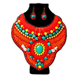 Red and Orange Bead Raised Collar Bib Necklace Set with Turquoise Stone Bead Detail