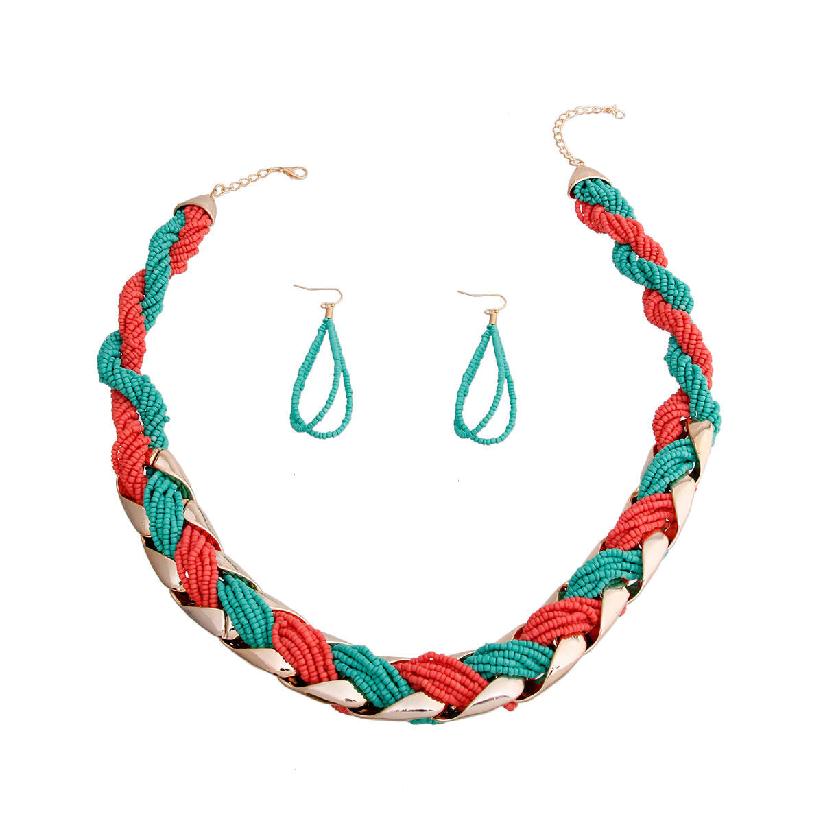 Turquoise and Coral Bead Twisted Necklace